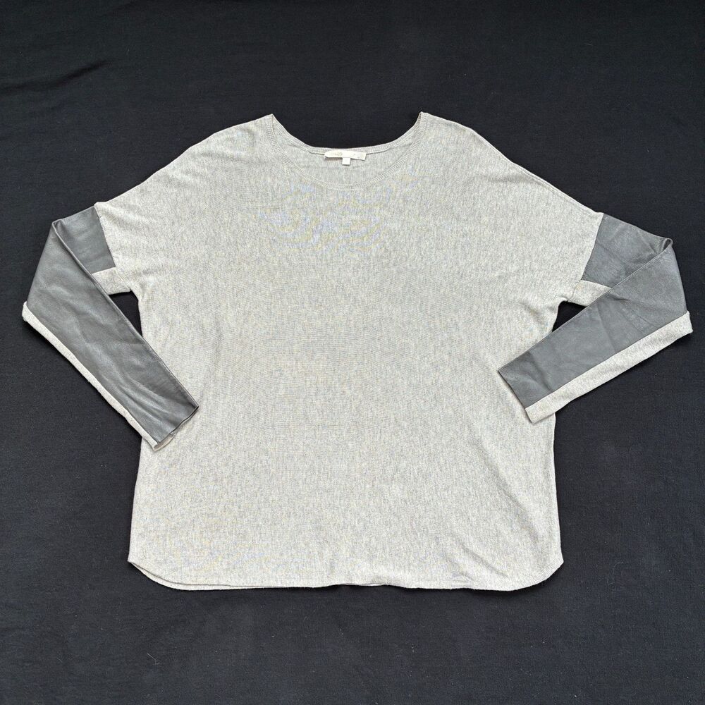 Maje Paris Pomelos Sweater Womens 1 Gray Silk Lamb Leather Sleeve Mixed Media